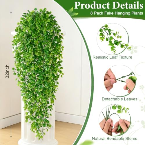 8Pcs Fake Hanging Plants, 32" Artificial Plants Eucalyptus Greenery Vines - Image 4