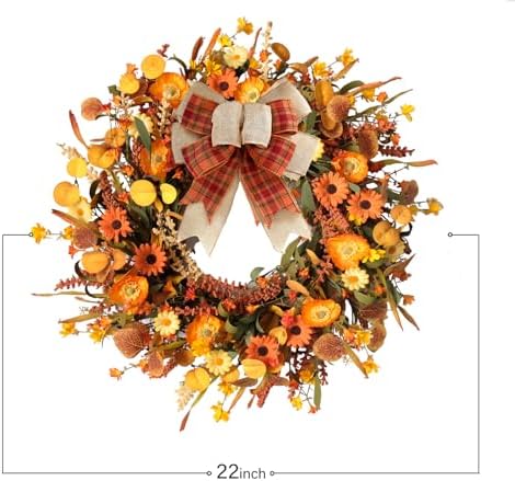 TEMPUS 22inch Artificial Autumn Daisy Wreath Fall Leaves with Bowknot Wreath for Front Door Harvest Festival Window Wedding Autumn Outdoor Indoor Decor - Image 3