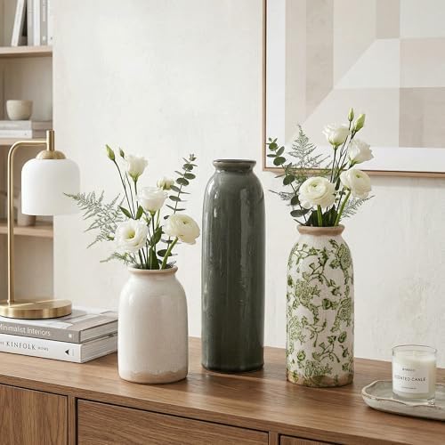 Vintage Ceramic Vase Set of 3, Flower Small Chinoiserie Vase Rustic Modern Farmhouse Centerpiece Decorative Pottery Vases for Table Mantel Entryway Bookshelf Living Room Kitchen Home Decor - Image 6