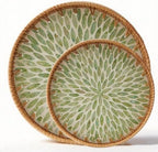 Boho Handwoven Rattan Tray with Mother of Pearl Inlay, 30 and 35cm Round Decorative Trays, Wooden Base Serving Tray for Vanity, Coffee Table & Wall Hanging Decor (2 Suites, Pattern: Greenleaf) by Unknown