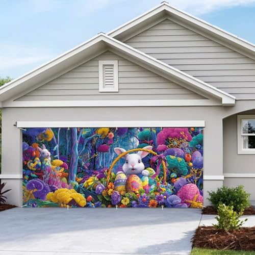 7 * 16FT Summer Garage Door Cover Decorations Sunset Palm Trees Garage Door Banner for Outdoor Indoor Summer Party Photography Backdrop (easter bunny, 7 * 16 ft) - Image 7