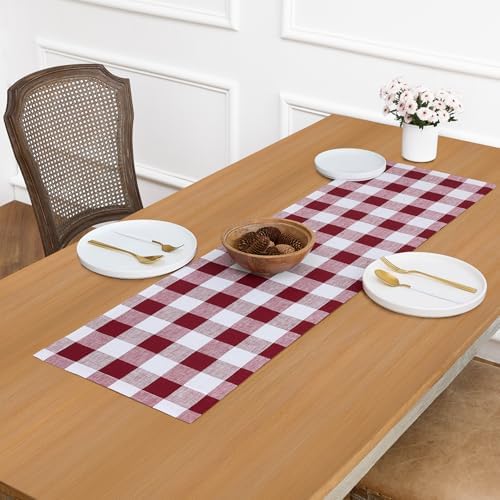 Solino Home 100% Linen Table Runner, 14 x 48 in, Burgundy and White Check - Image 4