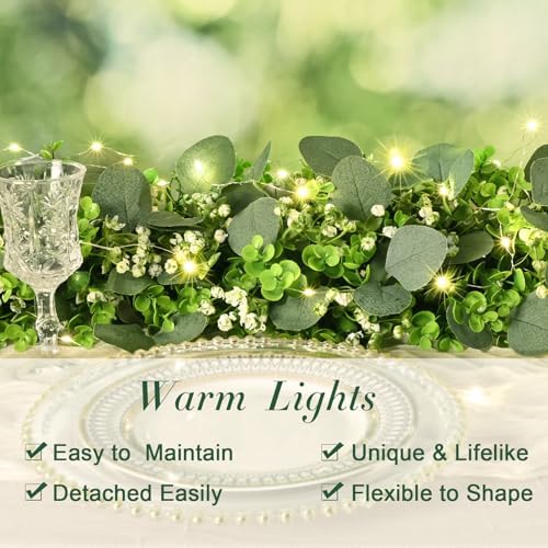 8Pcs Eucalyptus Garland with Lights, Greenery Garland, Green Garland with Flowers, 5.9FT Artificial Faux Eucalyptus Leaves Vines for Table Mantle Home Wedding Party Indoor Outdoor Decor（2 Long Lights） - Image 2