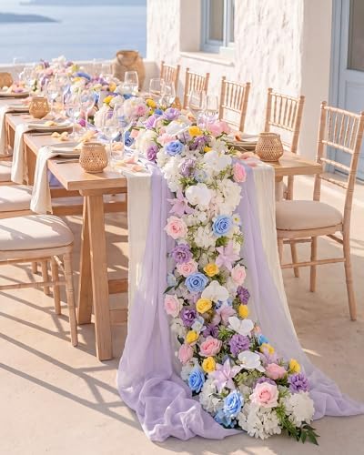 72inch Aisle Flower Garland with Chiffon Sheer Drape, Multi-Color Artificial Flowers Rose with White Butterfly Orchid, Floral Runner for Wedding Arch, Backdrop, Reception Table Decor, Ceremony Pathway - Image 2