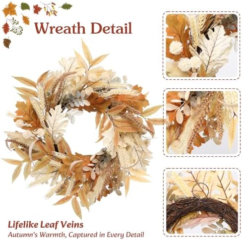 Fall Wreath for Front Door, 22 Inch Boho Autumn Harvest Wreath - Image 3