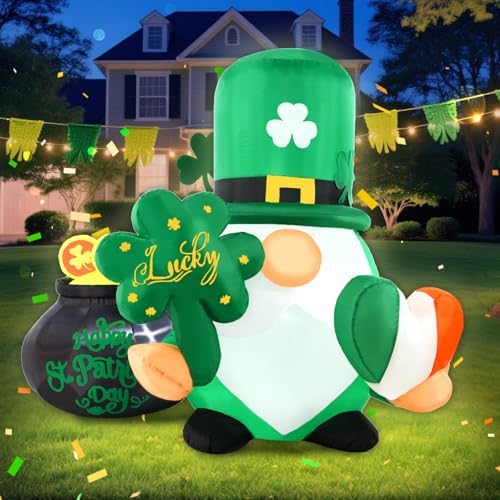 St Patricks Day Inflatables Outdoor Decorations, 4FT Inflatable Lucky Gnome Leprechaun with Shamrock, Pot of Gold & Irish Heart, LED Lights St. Patrick's Blow Up Yard Decor for Outside Garden Lawn by Buheco
