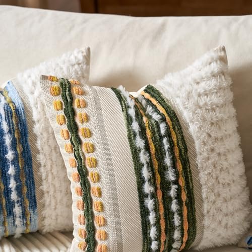 Aeckself Boho Chenille Tufted Throw Pillow Covers 18x18 Inch Set of 2, Farmhouse Decorative Striped Square Pillow Covers Accent Neutral Pillowcase for Living Room Couch Bed, Green - Image 5