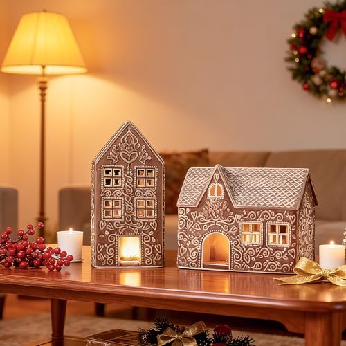 WDS WONDROUS Ceramic Christmas Gingerbread House Decor, Light Up Houses - Image 2