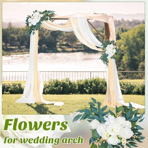 Thiccywoov 4 Pcs Wedding Arch Flowers and Drape Kit Include 2 Artificial Floral Swag and 2 White Chiffon Drapes, Faux Flower Set for DIY Wedding Party Reception Ceremony Backdrop Rose Decoration - Image 4