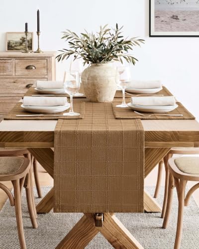 ZeeMart Linen Checked Farmhouse Placemats Set of 6, Roasted Brown 13x19in - Image 5