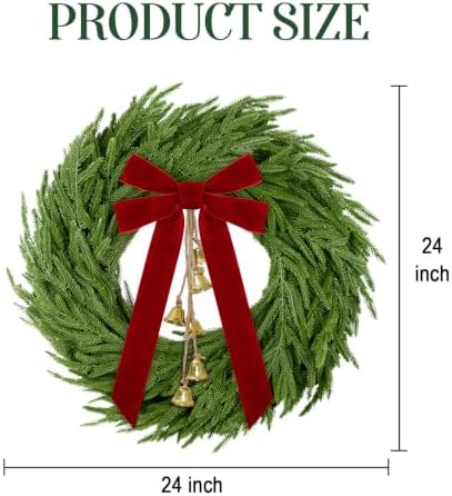 Christmas Decor, 24" Norfolk Pine Christmas Wreath with Velvet Bow & Bells - Image 2