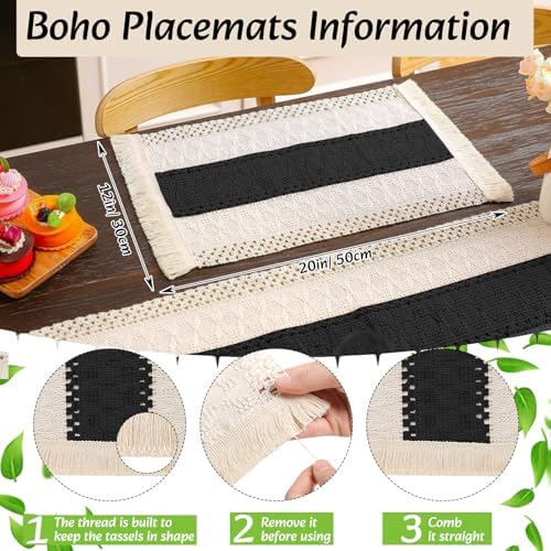 Boho Table Runner and Placemats Set, 6 Sets, Black A, 12x72 - Image 3