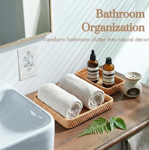 Rattan Serving Tray Set of 3, Rectangular Woven Tray, Natural Wicker Decorative Serving Tray, CoffeeTabletop Vanity Organizer, Bathroom Kitchen Counter, (S 4.3 x 8.3), (M 8.3 x 8.3), (L14.6 × 9.1) - Image 4
