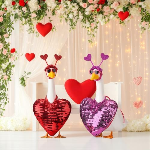 Abbylike 2 Sets Valentine's Day Porch Goose Outfits Love Heart Yard Goose Clothes Costume Fits Large 23'' Cement for Garden Yard Statue Pathway Decorations - Image 5
