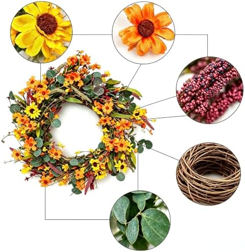 NeoL'artes 24in Artifical Fall Floral Wreath with Orange and Yellow Wildflowers, Sunflowers, and Greenery (Orange) - Image 3