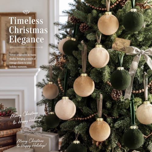 Simgoing 15 Pcs Neutral Velvet Christmas Ball Ornaments 3.15 Inch Brown Green Tan Polka Dot Flocked Xmas Ornaments with 10 Yards Velvet Ribbon Bauble Shatterproof Christmas Decoration for Holiday - Image 2