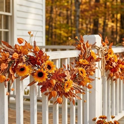 6 Ft Fall Garland for Mantle, Sunflower Autumn Garland with Maple Leaves by DyerKuLee