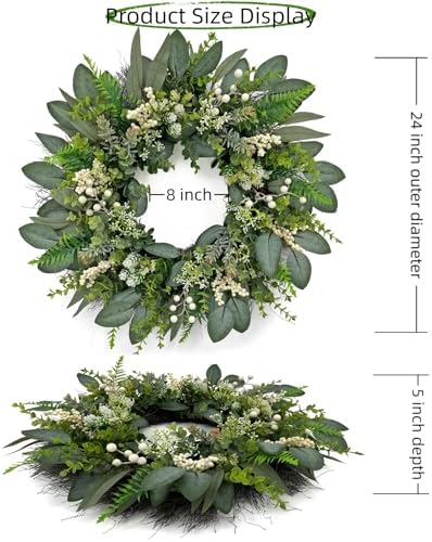 24 Inch Greenery Wreaths for Front Door – Artificial Eucalyptus Wreath with White Berries and Mixed Green Leaves, Year-Round Farmhouse Indoor Outdoor Door Wreath for Spring Summer Home Decor - Image 4