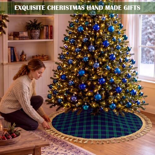 Blueweenly Christmas Tree Skirt, 48 Inch, Green and Blue Plaid - Image 6