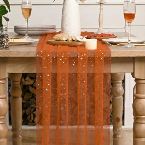 Artoid Mode 6PC Gold Stars Caramel Gauze Table Runner 120 Inch 10FT, Reversible Glitter Sheer Dining Wedding Holiday Birthday Table Decor for Home Party - Image 2