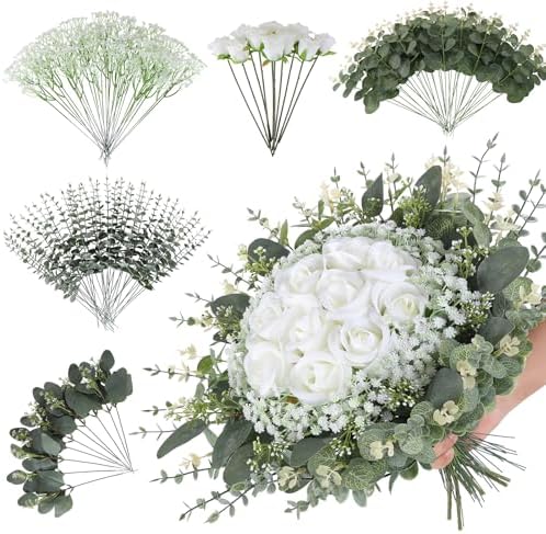 120 Pcs 5 Kinds Mixed Artificial Eucalyptus Stems Rose Baby's Breath by Garisey