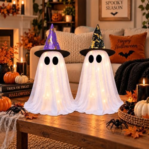 2 Pack Lighted White Ghost Halloween Decorations with Witch Hats, Telescopic Height Adjustable 12.35 to 21.65 Inches, 8 Lighting Modes Battery Operated, Halloween Indoor Decor for Table Mantel - Image 6