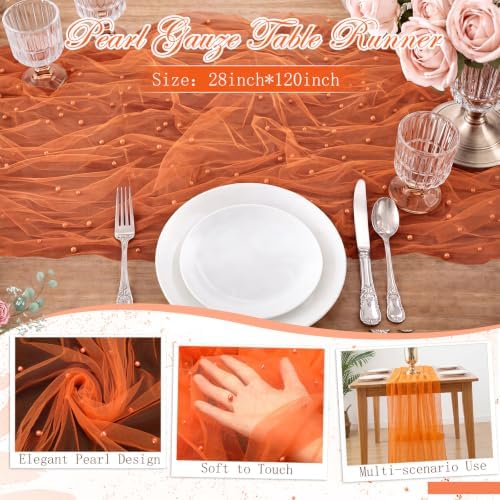 10 Pcs Fall Orange Gauze Pearl Table Runner 120 Inch 10ft - Image 4