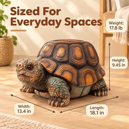 18" Resin Turtle Garden Stool & Planter Stand, Realistic Tortoise Statue Side Table, Decorative Outdoor Animal Sculpture for Patio, Lawn, Balcony, Porch, Living Room & Garden Decor - Image 3