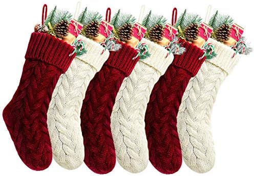 Pack 6,18" Unique Burgundy and Ivory White Knit Christmas Stockings Style3 by Kunyida