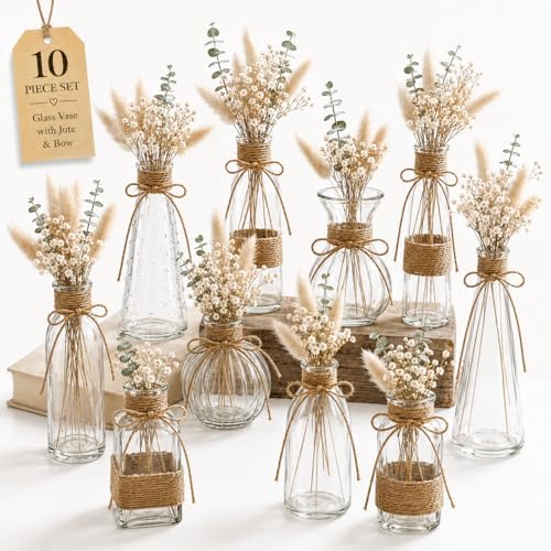 Glass Bud Vases Set of 10 for Flowers, Clear Small Vases with Jute Rope by WLGRANJIA