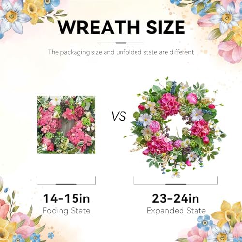 Spring Wreaths for Front Door Outside Summer Wreath 24 Inch with Luxury Peony & Hydrangea Floral Wreaths with Greenery Colorful Seasonal Spring Door Wreath for Outdoor Home Decor - Image 5