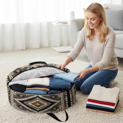 Retro Pattern Round Storage Bag 24 Inch, Brown Black Ethnic Style Weaving Texture Clothes Storage Container with Handles Heavy Duty Organizer for Comforter, Bedding & Holiday Wreaths - Image 3