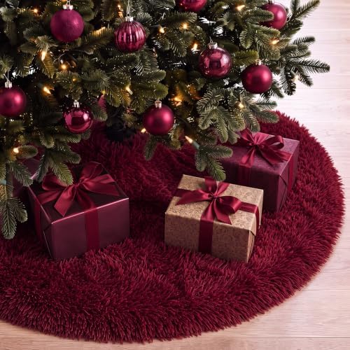 Burgundy Red Faux Fur Christmas Tree Skirt 60 Inch Plush Tree Skirt by Skylety