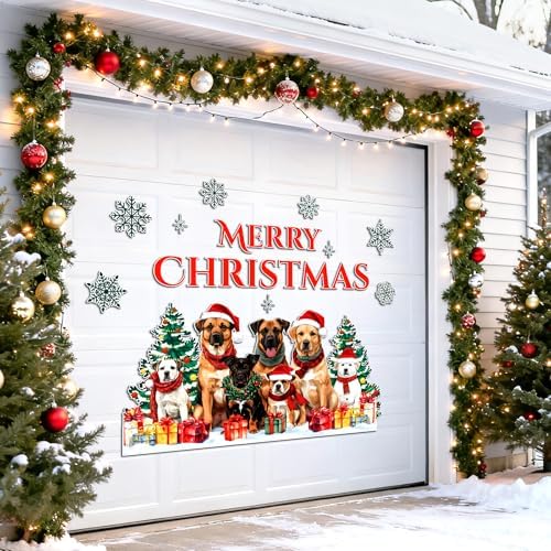 Christmas Garage Door Decorations Magnets Merry Christmas Dogs Garage Door Magnet Stickers with Cute Dogs Snowflake Fridge Stickers Decals for Xmas Party Winter Holiday Metal Door Car Refrigerator - Image 2