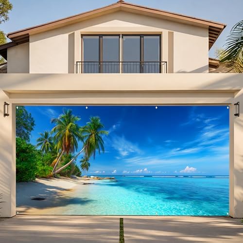 Garage Door Cover Banner, 6x13 ft Summer-Themed Seaside Landscape, Large Indoor/Outdoor Wall Decoration (Azure Beach) by KKYEJLQYI