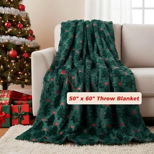 Christmas Decorations Throw Blanket for Couch – 50"x60" Green 3D Embroidered Christmas Tree Blanket, Soft Cozy Faux Fur Flannel Blankets, Warm Blanket for Sofa Bed Living Room Holiday Decor Gifts - Image 3