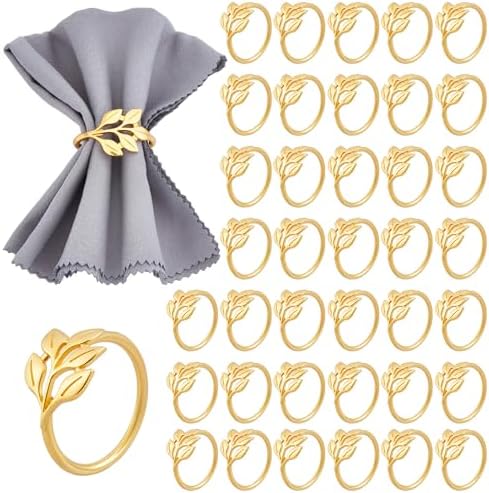 Peacoblue 60Pcs Gold Leaf Rings Holders Modern Stainless Steel Napkin Ring Holders for Table Decor Settings, Vintage Napkin Ring for Wedding Christmas Thanksgiving Day Party by PEACOBLUE