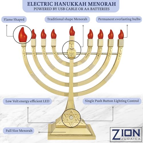 Zion Judaica Pack of 2 LED Gold Menorahs Battery or USB Powered Menoras Electronic Hanukkiah Battery Minorah Flamless Chanukah Candles Chanukkiah (Gold, 2) - Image 4