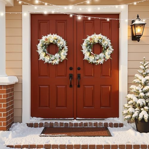 VINGLI 2 Pcs 18 Inch Small Christmas Wreath, Flocked Xmas Wreath w/60 Lights, 140 Tips, Pine Cones, Berries, PE&PVC Wreath with Lights for Indoor/Outdoor Holiday Decor, Battery Operated - Image 2