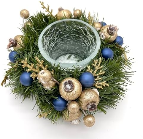Navy Blue and Gold Christmas, Holiday Hanukkah Candle Holders and Dining table Decorations with Pine needles, on a glass base - Set of 2 - Image 6