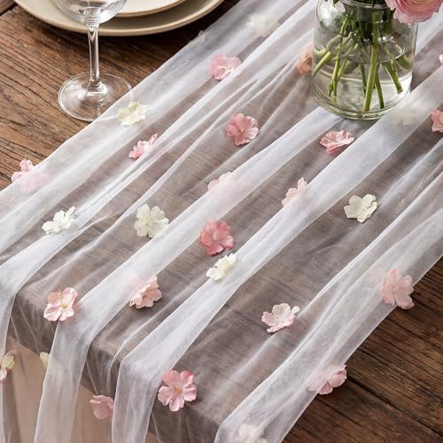 Remagr 4 Pcs 9.8 Ft Pink Flower Table Runner Embroidery Tulle Wedding - Image 6