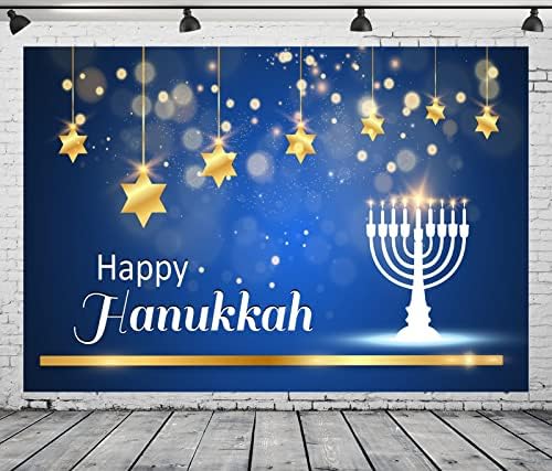 BELECO 17x10ft Fabric Happy Hanukkah Photography Backdrop Blue Chanukah Holiday Decorations Banner Background Menorah Golden Stars Bokeh Glitter Spots Jewish Holy Festival Party Supplies Photo Props - Image 2