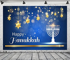 BELECO 12x8ft Fabric Happy Hanukkah Photography Backdrop Blue Chanukah Holiday Decorations Banner Background Menorah Golden Stars Bokeh Glitter Spots Jewish Holy Festival Party Supplies Photo Props - Image 2