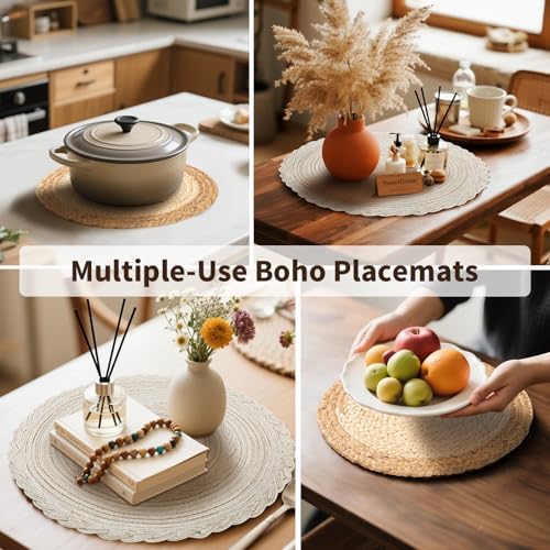 Handmade Round Boho Placemats Set of 6 | Natural Woven & Polyester Braided Combo Table Mats | 12-Piece Versatile Place Mats | Simple Rustic Farmhouse Style Dining Table Decor - Image 5