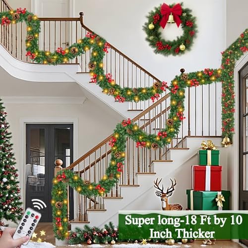 Remote Control 18 FT Extra Long Prelit Christmas Garland with 480Thick Branch Tips Pinecones & Red Berries, 100 Warm White & Multicolor LED Lights 8 Modes Timer for Stairs Mantel Doorway Decor - Image 3