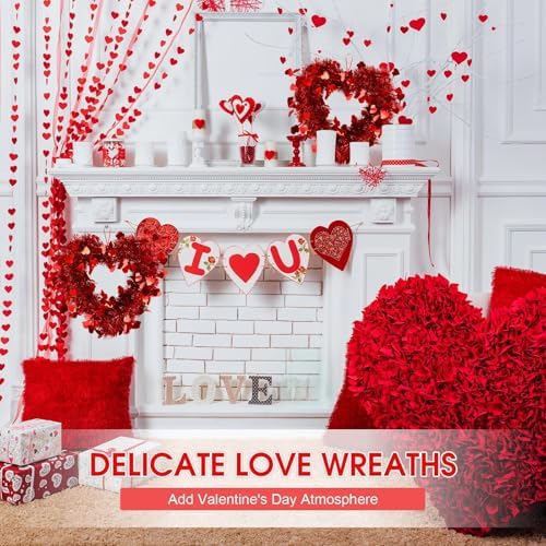 Suzile 12 Pcs Valentine Wreaths for Front Door Valentine's Day Red Heart Wreaths Decorations Tinsel Garlands with Foil Hearts Love Hanging Home Decoration - Image 6