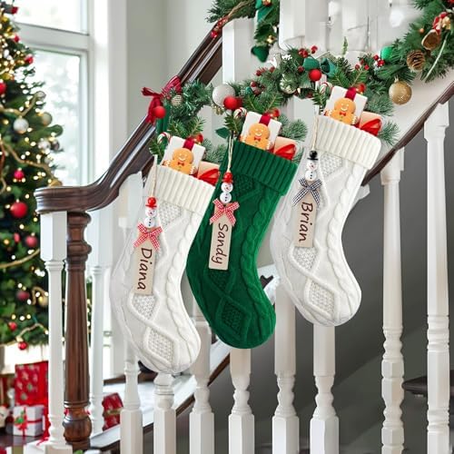 Personalized Christmas Stockings - 18 Inches Hanging Stockings with DIY Snowman Name Tags, 7 Pack Large Size Knitted Stockings for Mantels, Christmas Tree Family Holiday Decor - Image 2