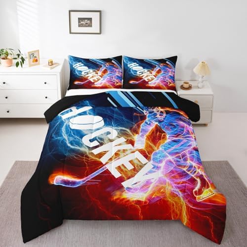 Ice Hockey Comforter Set Full, Puck Hockey Player Bedding Sets for Kids Boys Girls Teens, Red Blue Lightening Duvet Insert, Winter Sports Game Down Comforter Bedroom Decor for All Season, 3 Pieces by Erosebridal