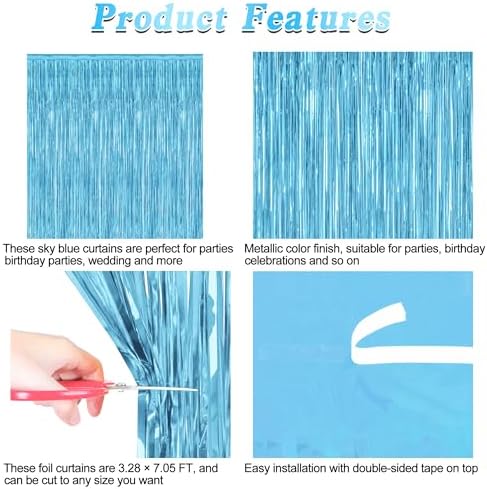 12 Pack Party Decorations, 3.28 FT x 7.05 FT Sky Blue Curtains, Metallic Party Streamers Photo Booth Backdrop Foil Fringe Curtains, Light Blue Winter Wonderland Backdrop Birthday Decor - Image 4