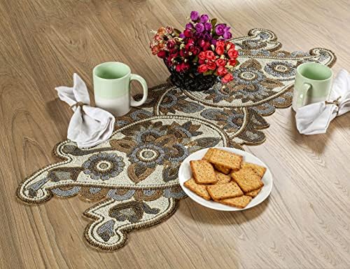 Hand Beaded Ivory Gold Fancy Paisley Runner 13x36 Decor by HomebiaDesigns